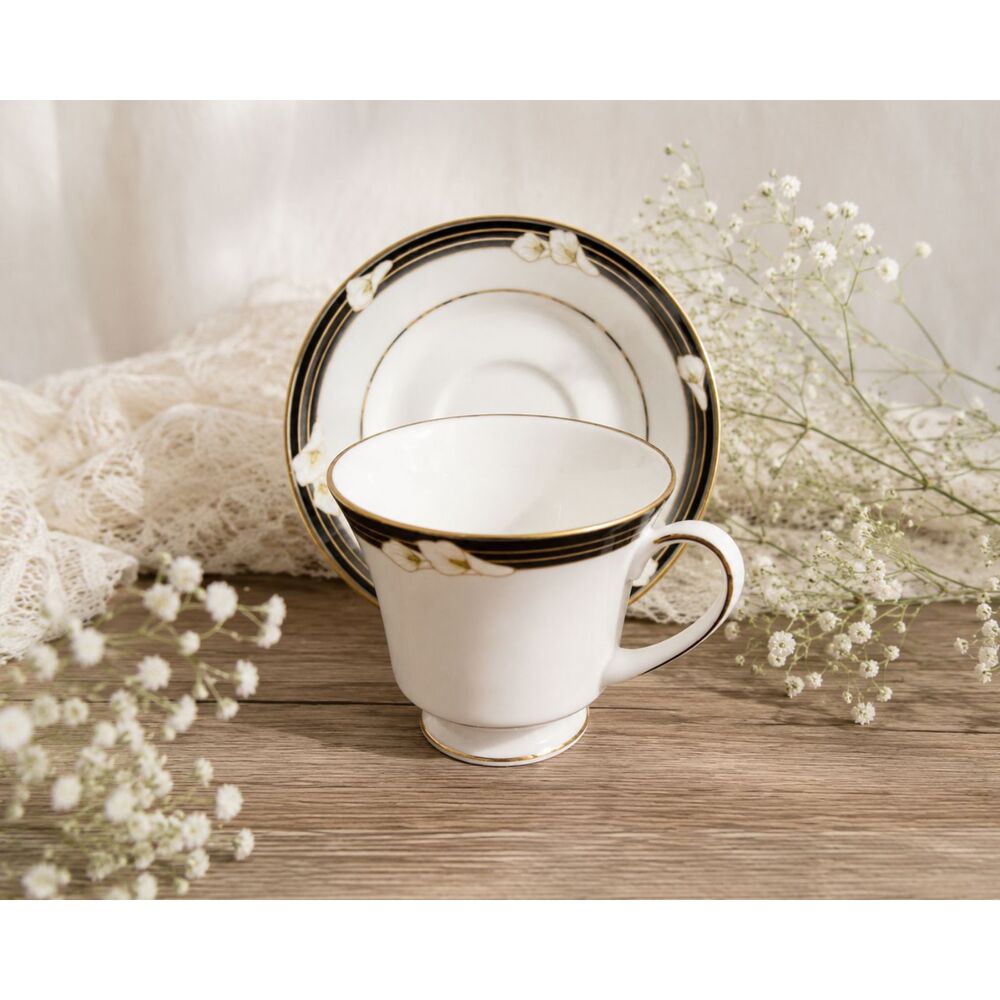 Vintage Noritake Ellington 3691 Footed Tea Cup and Saucer Black and White Lily